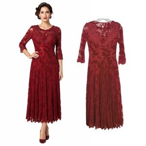 VTG Nu-Dem Wine Red Burnout Velvet Beaded Lace Pleated Midi‎ Dress Size 36 Small